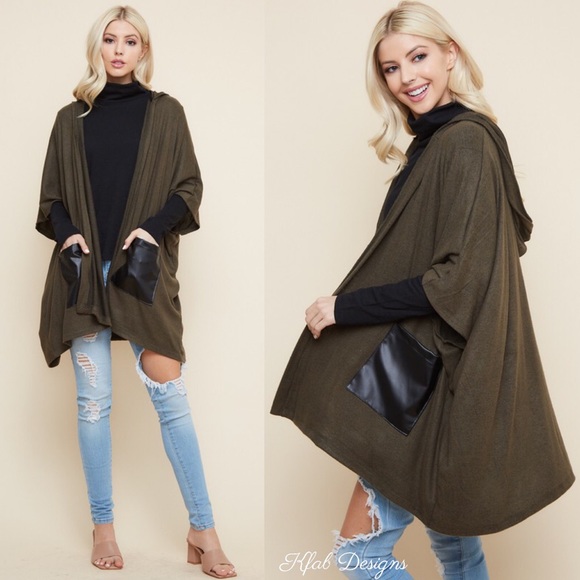 ❤️LAST! Olive Hooded Poncho Cardigan w/Pockets! - Picture 4 of 6